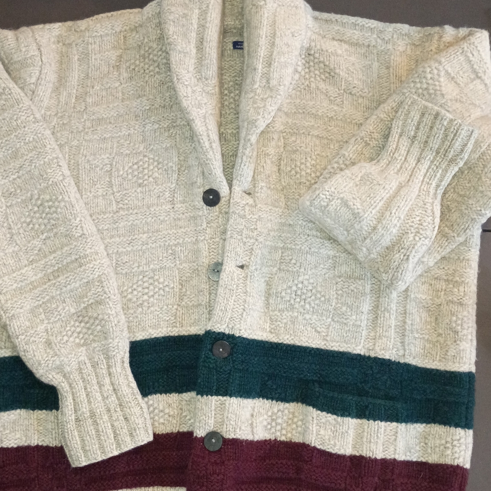 Hand Knit Cream Cardigan w/ Green & Burgundy Stripes Like NEW Men's XXL